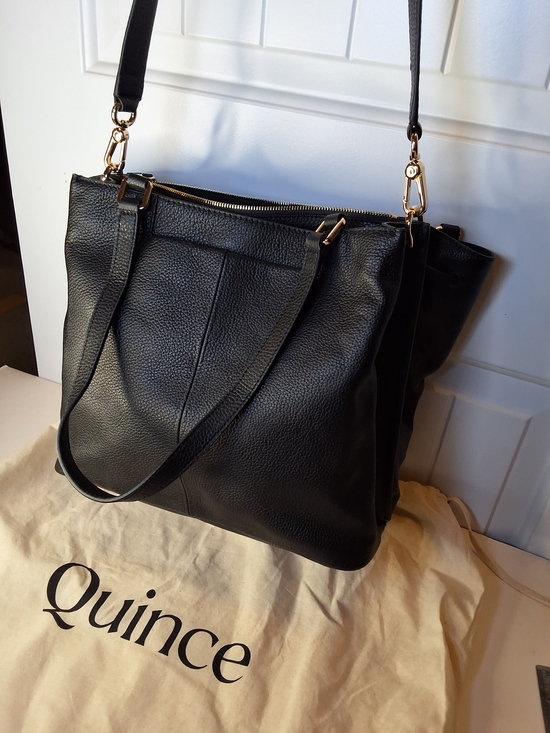 Quince Handbags - Quince Black Leather Tote Bag with Detachable Strap